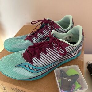 Saucony Women's Aqua and Maroon Distance Spikes